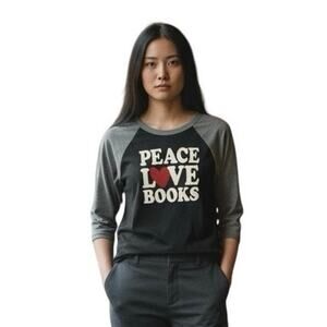 Bella + Canvas Baseball Raglan TShirt Women’s Large Black White Peace Love Books